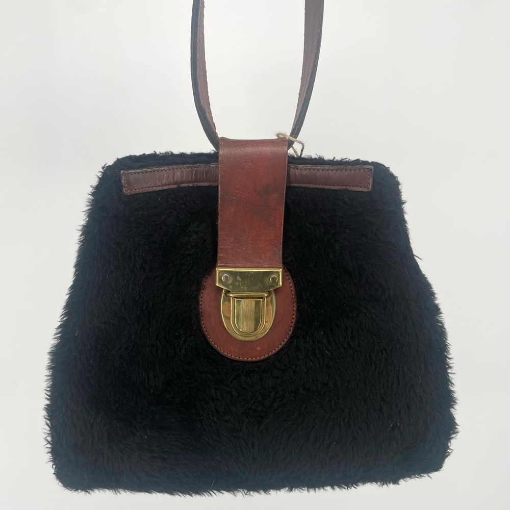 Vintage Unique Black Fur Handbag With Brown Leather Accents & Brass Hardware